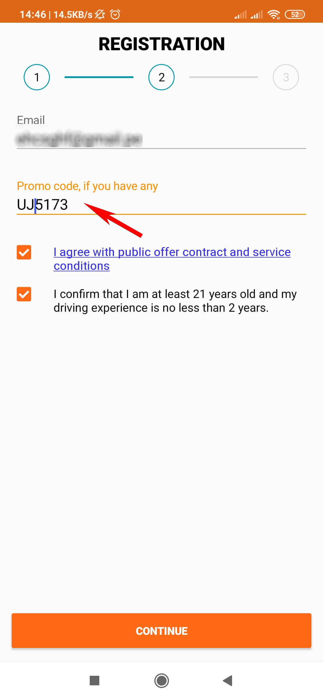 Enter promo code when registering in Getmancar service