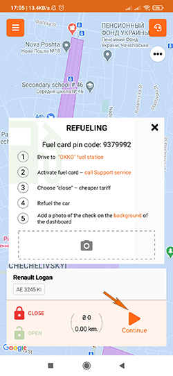 Continuation of the rental in the Getmancar app after refueling the car